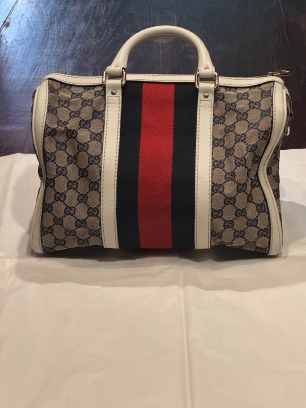 Gucci Navy GG Canvas Web Boston Bag White Leather Trim + Strap